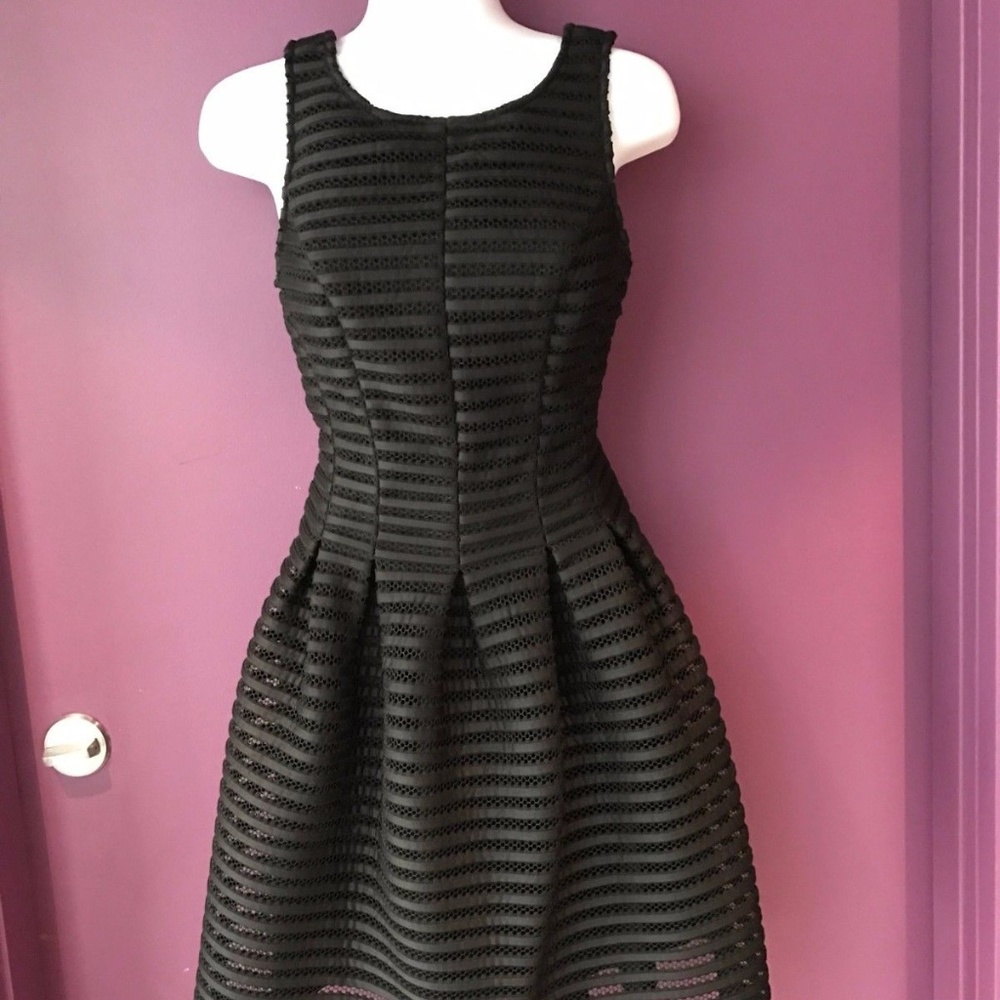 AQUA Black perforated-stripe dress, U-cut neck in